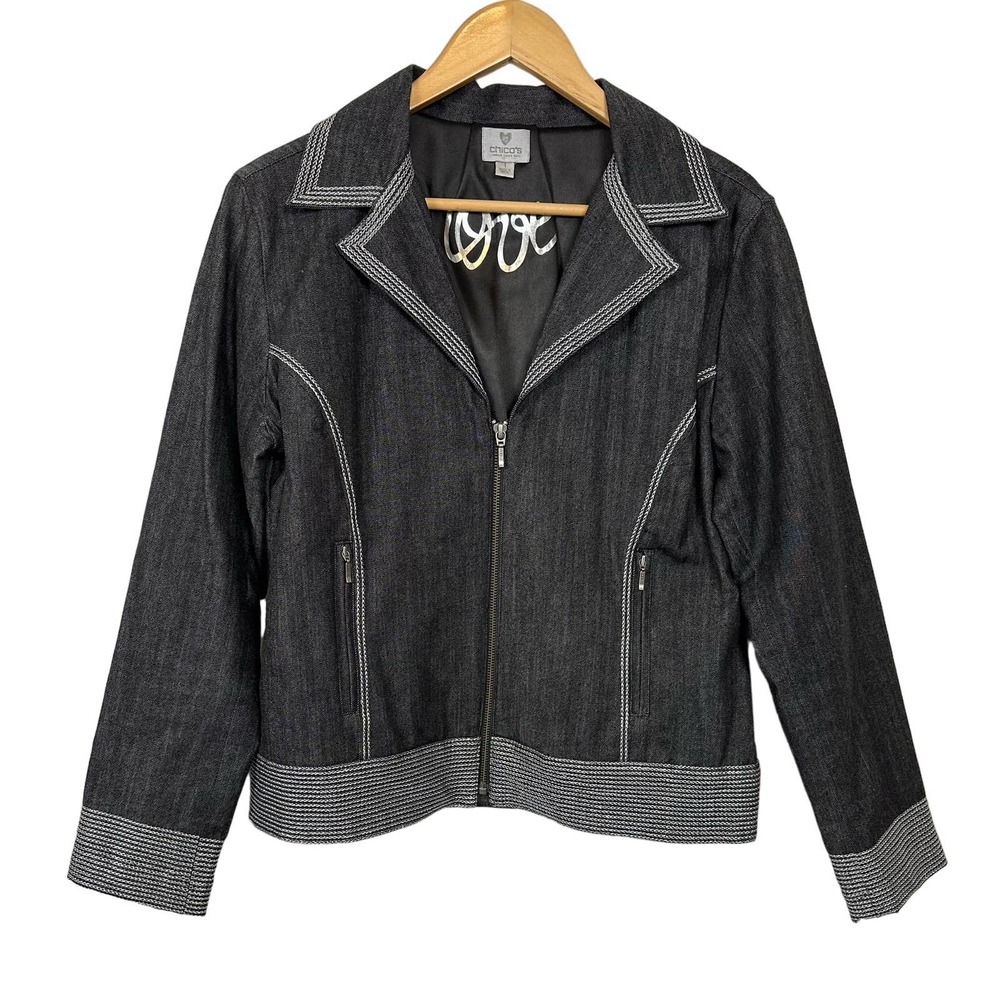 Chico's Women Size 1 US Medium Black Grey Denim Jacket Metallic Love Embroidery